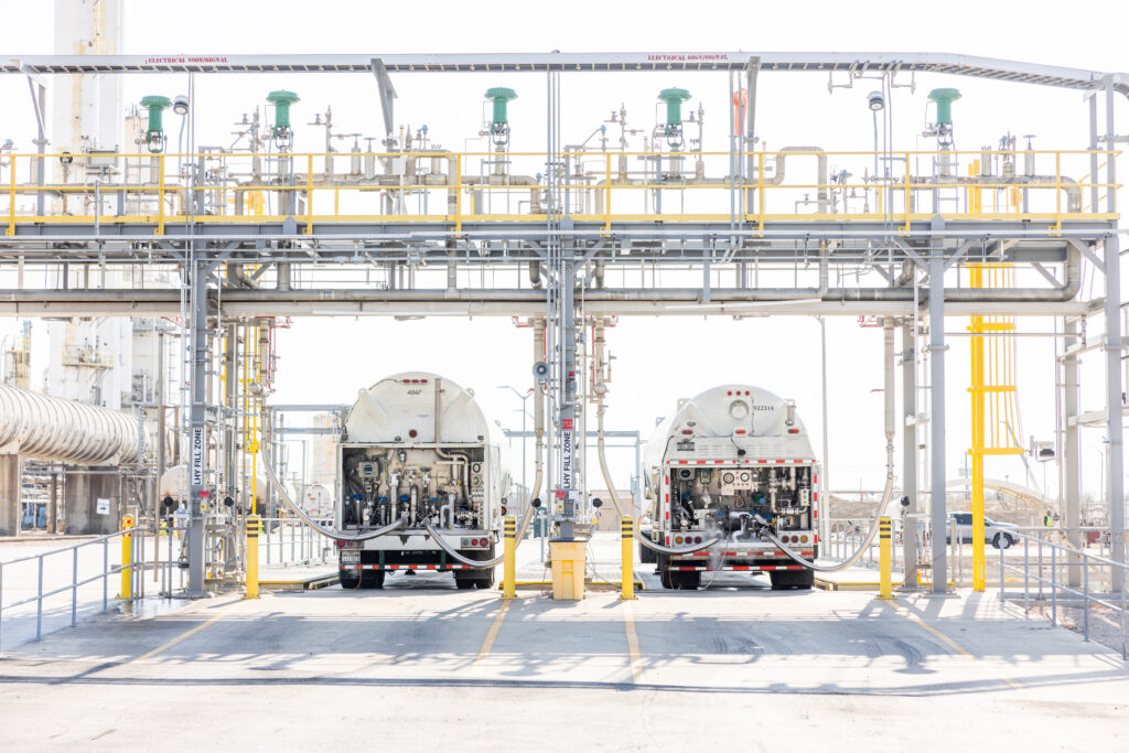 LH2 trailers being filled at the hydrogen liquefaction facility in La Porte, Texas